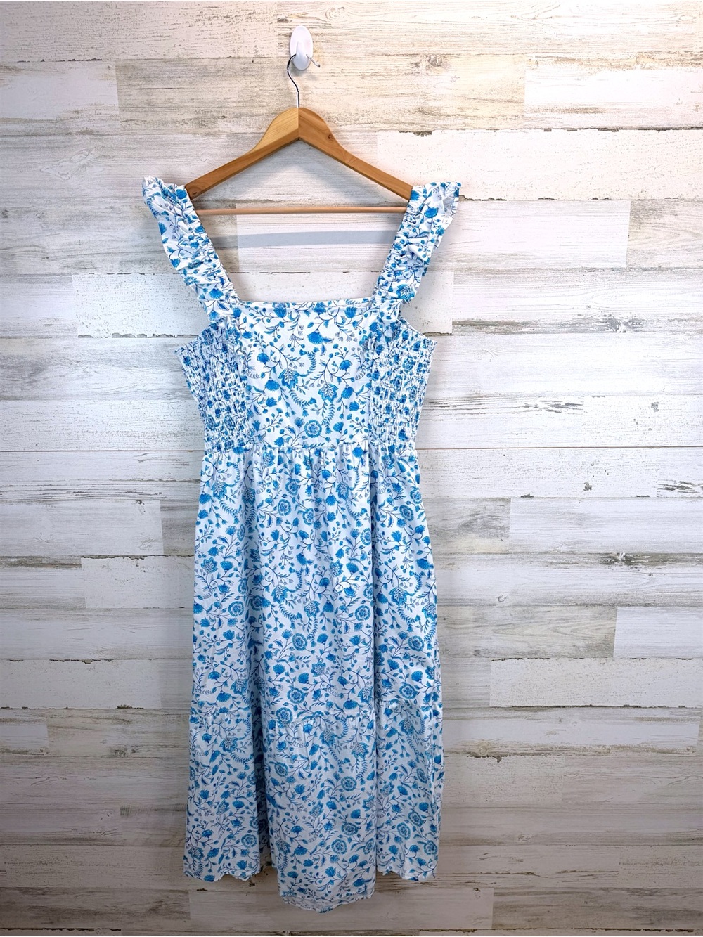 Draper James Blue White Floral Smocked Cotton Midi Dress Coastal Chic Large - Picture 3 of 12
